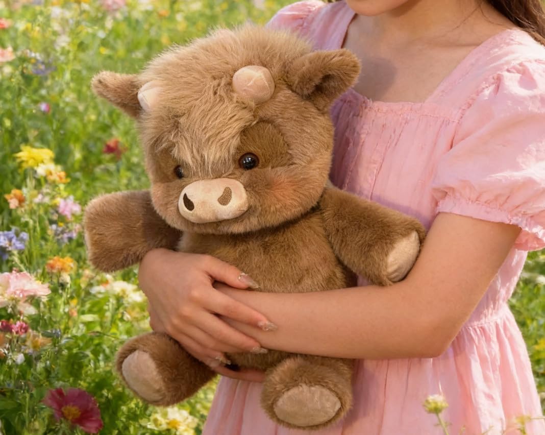 Highland Cow Soft Plush Toy – Adorable Furry Running Cow Stuffed Animal for Stress Relief and Emotional Support (Brown)