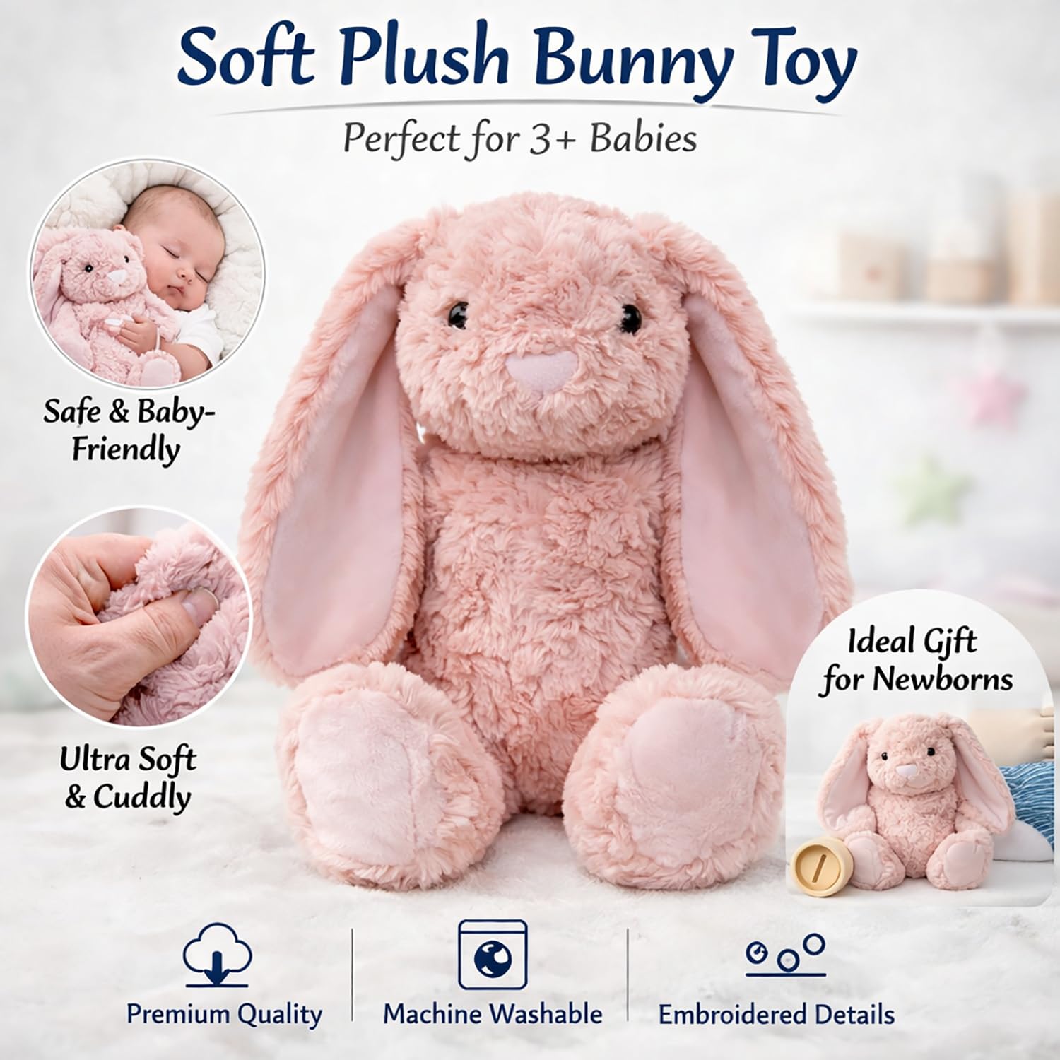 rafrtcl Soft Plush Bunny Teddy, 27cm Floppy Eared Stuffed Rabbit, Ultra-Soft Hugging Comfort Toy, Machine Washable Plush Animal Gift for Kids Ages 3+ (Pink)