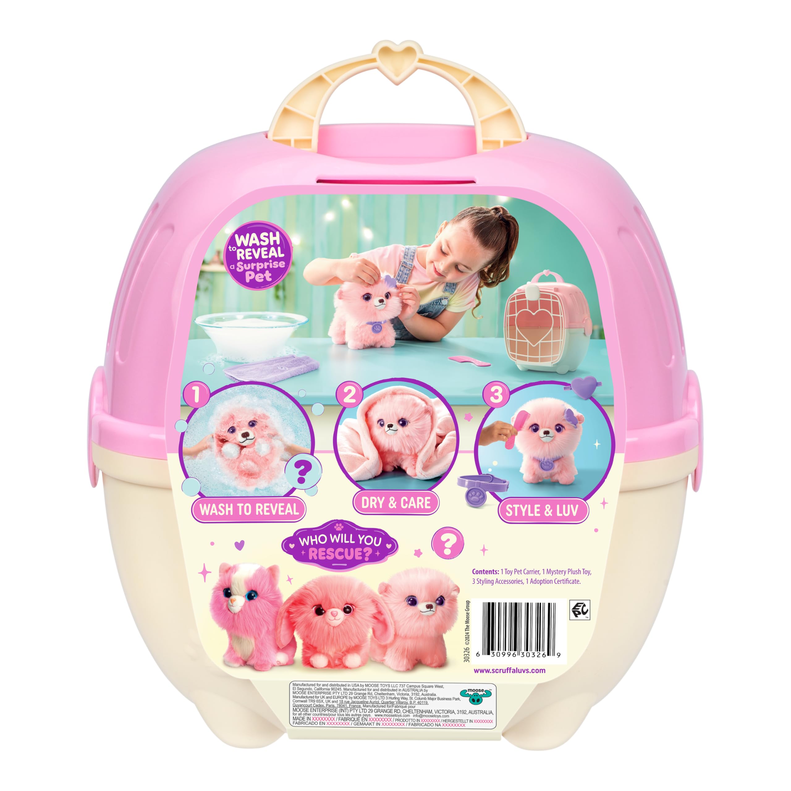ScruffaLuvs Pet Scruffs Pink - Mystery Plush Toy, 7.5" Tall - Wash to Reveal 1 of 3 Rescue Pets: Puppy, Bunny, or Kitty - Includes 8.7" Deluxe Pet Carrier